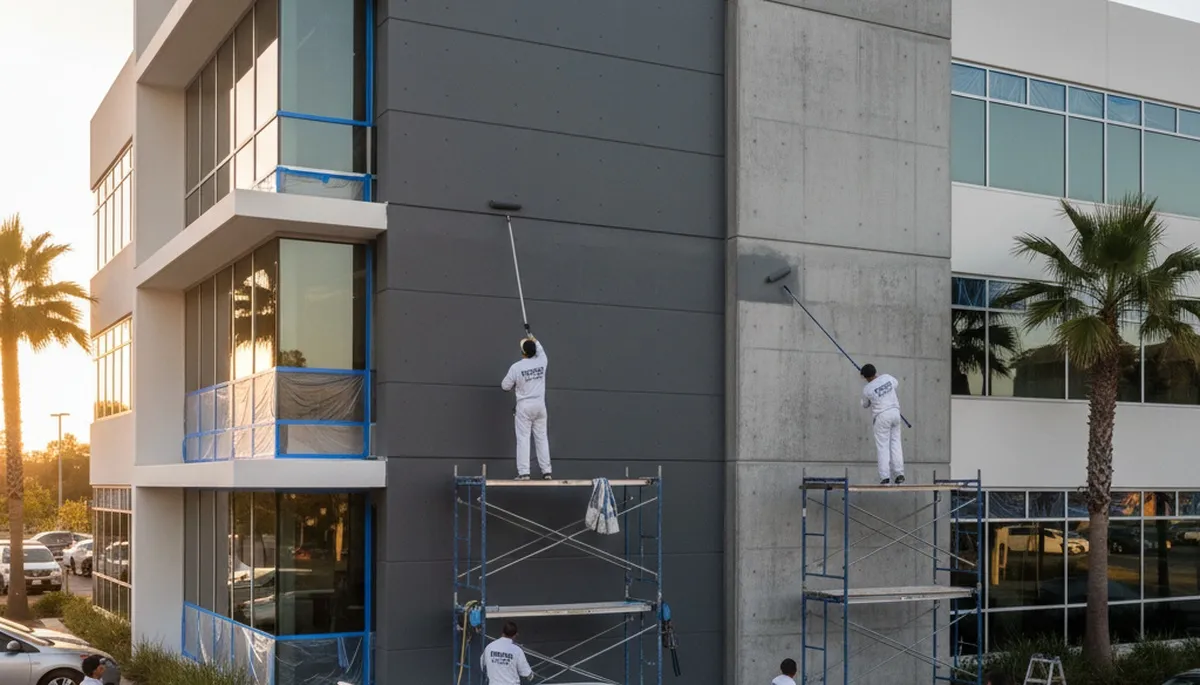Professional commercial painters working on an office exterior in Kenosha, WI