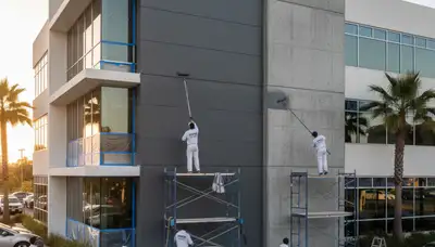 Professional commercial painters working on an office exterior in Kenosha, WI