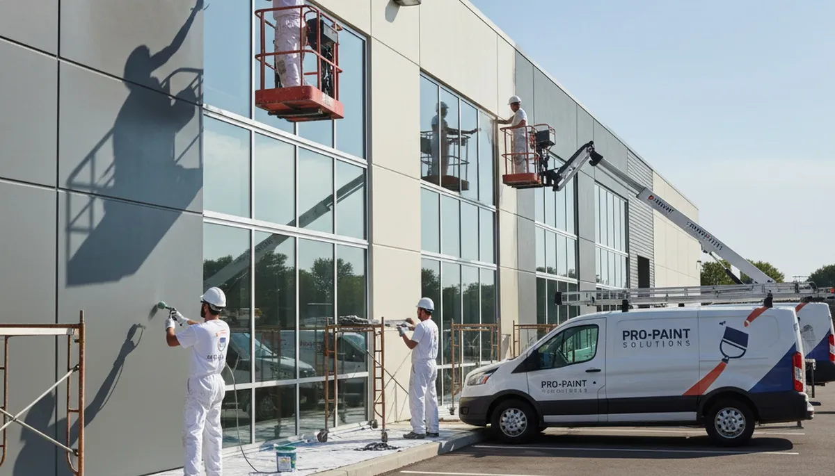 Professional commercial painters coating office exterior in Kenosha, WI for durable business finish