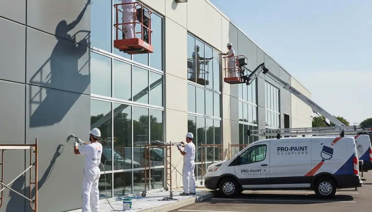 Professional commercial painters coating office exterior in Kenosha, WI for durable business finish