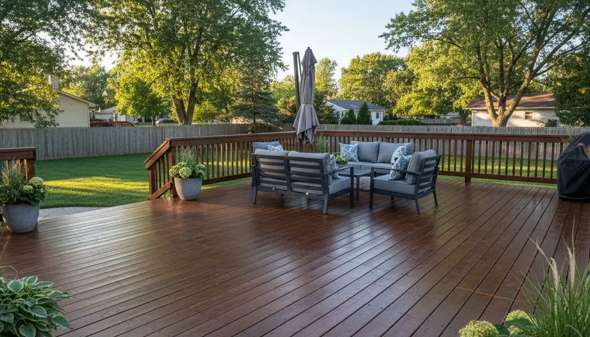 Freshly stained wood deck in Kenosha WI showcasing professional house-painting and weather protection