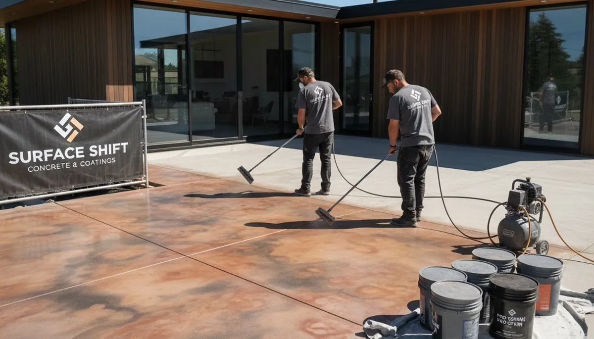 Professional concrete staining on garage floor in Kenosha WI by local house painting experts