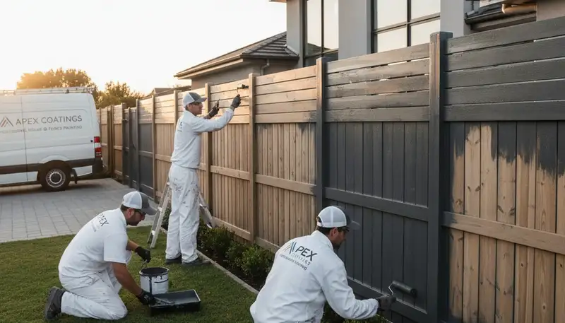 Professional fence painters staining a wooden fence in Kenosha, WI for lasting curb appeal