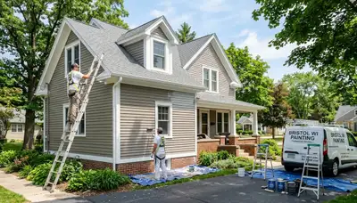 Professional house painters finishing exterior home in Kenosha, WI