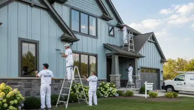Professional house painters finishing exterior home project in Kenosha, WI