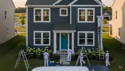 Professional house painters working on residential exterior in Kenosha WI
