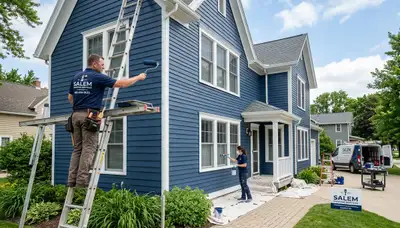 Professional house painters working on a home exterior in Kenosha, WI