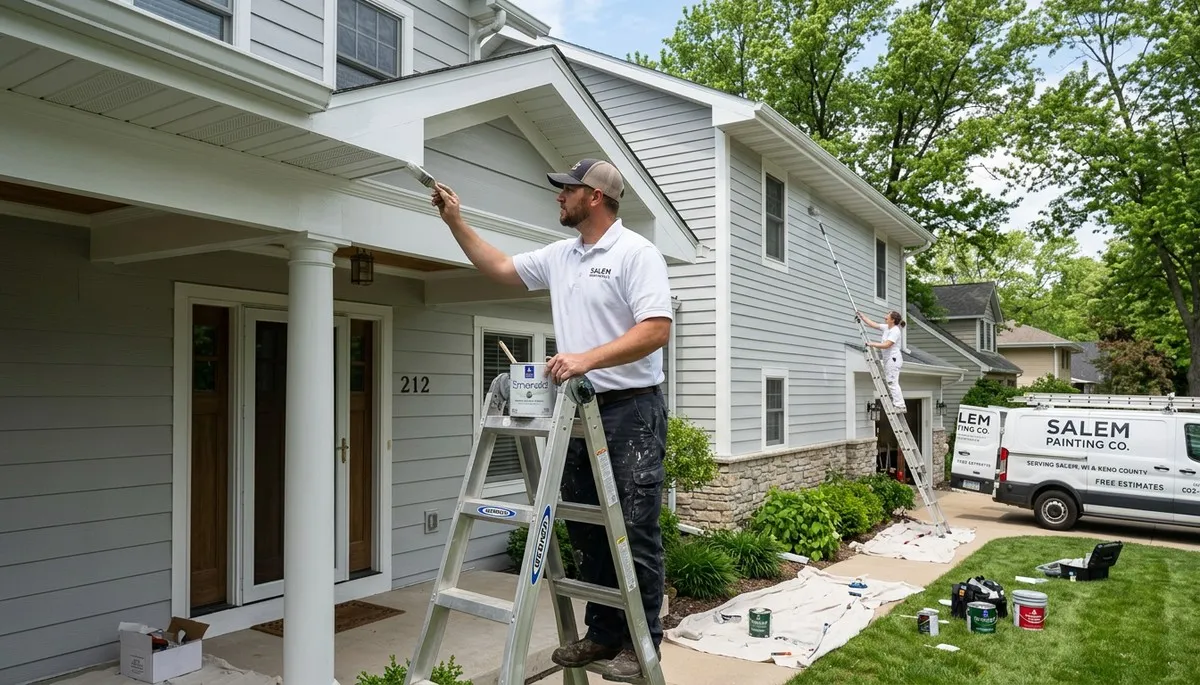 Professional house painters working on exterior home in Kenosha, WI