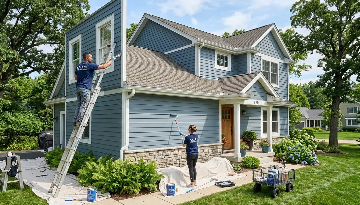 Professional house painters working on residential exterior in Kenosha WI
