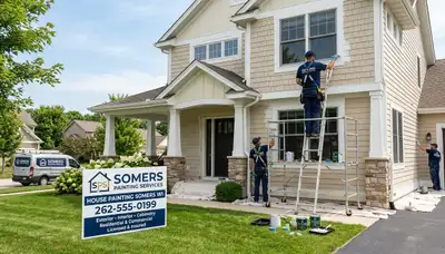 Professional house painters working on exterior home repaint in Kenosha WI