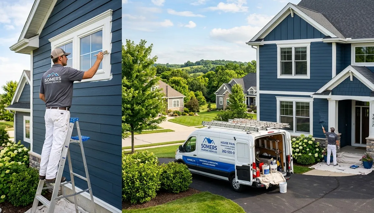 Professional house painters working on residential exterior in Kenosha, WI