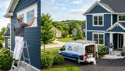 Professional house painters working on residential exterior in Kenosha, WI