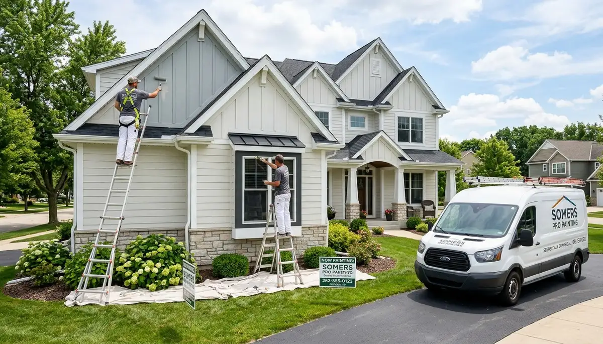 Professional house painters working on exterior home in Kenosha WI