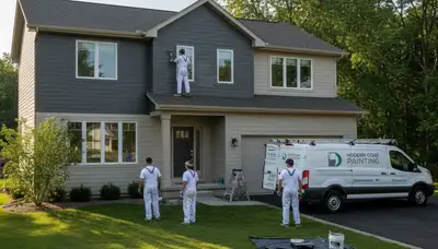 Professional house painters working on residential exterior in Kenosha, WI