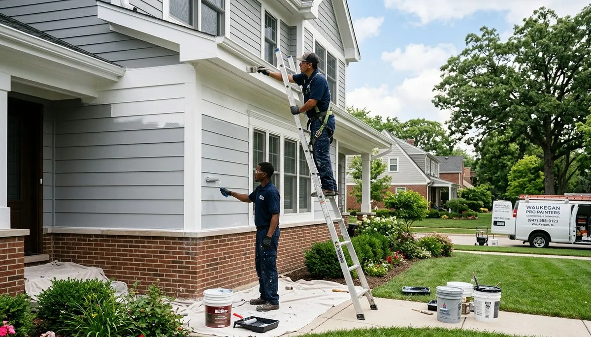 Professional house painters in Kenosha WI applying exterior paint to a residential home