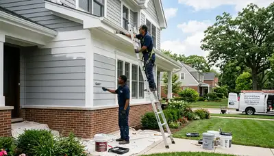 Professional house painters in Kenosha WI applying exterior paint to a residential home