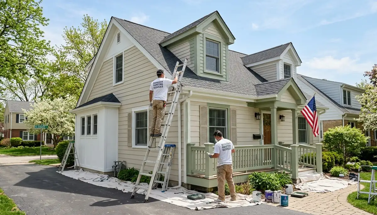 Professional house painters working on residential exterior in Kenosha WI