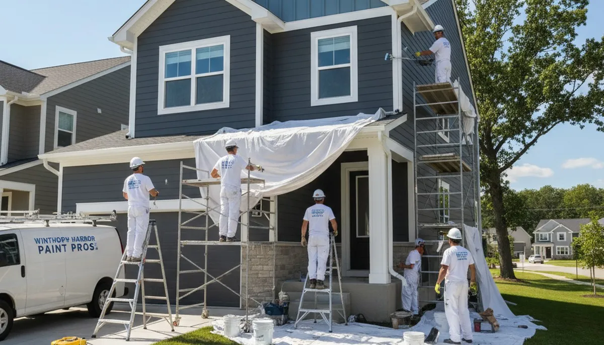 Professional house painters in Kenosha WI applying exterior paint to a residential home