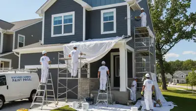 Professional house painters in Kenosha WI applying exterior paint to a residential home