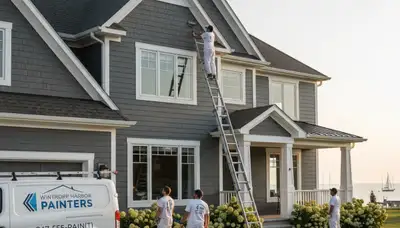 Professional house painters finishing exterior home in Kenosha WI