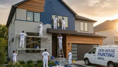 Professional house painters finishing exterior home in Kenosha WI