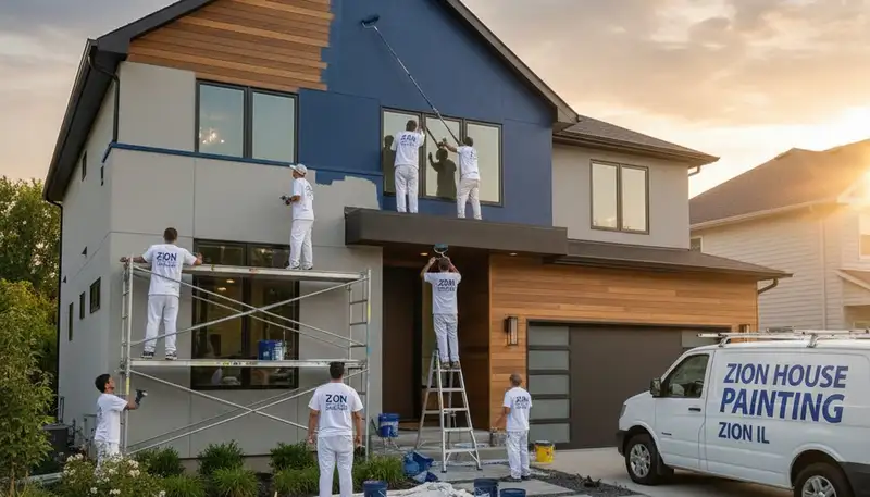 Professional house painters finishing exterior home in Kenosha WI