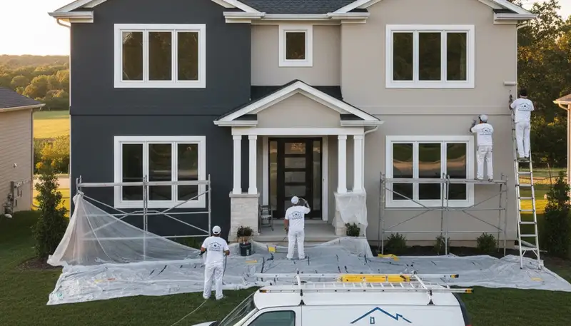 Professional house painters working on exterior home repaint in Kenosha, WI