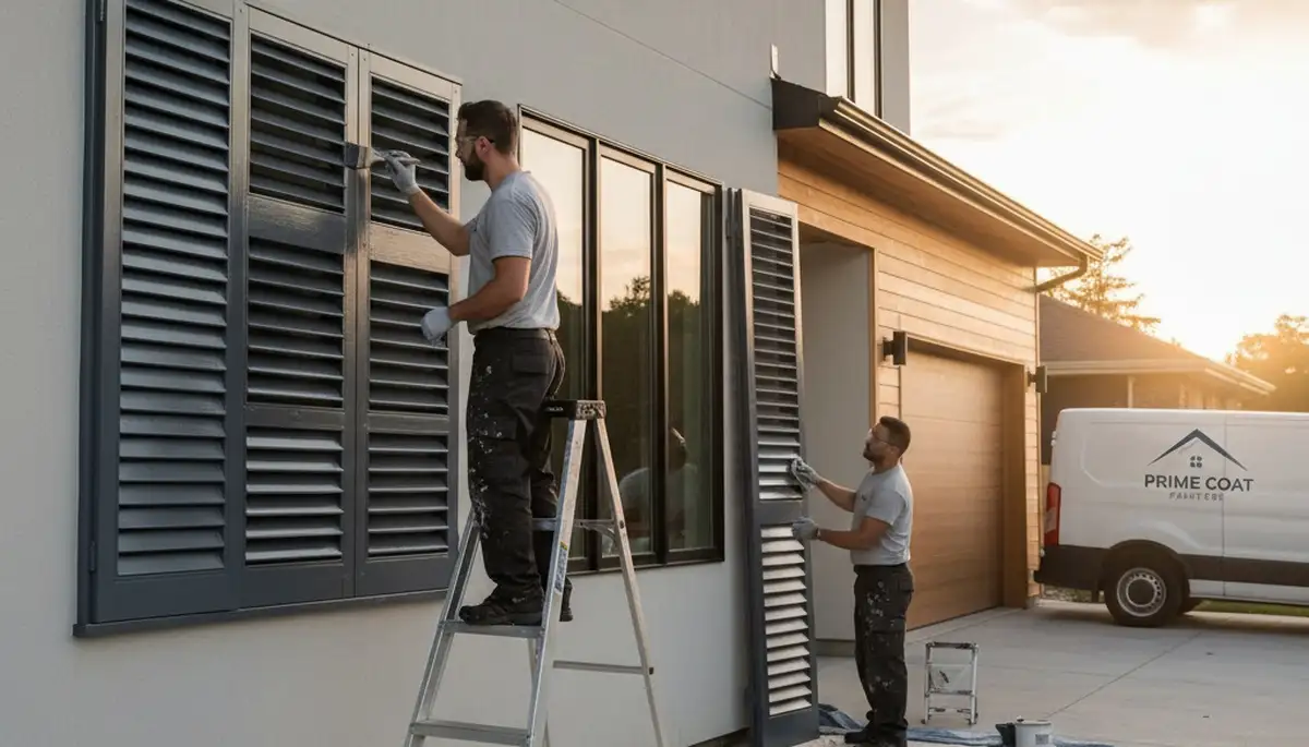 Professional painters refinishing exterior shutters on a Kenosha WI home for lasting curb appeal