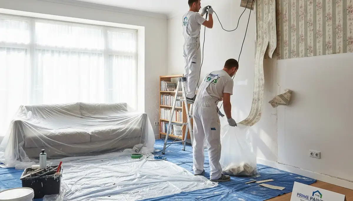 Professional wallpaper removal and surface prep by Kenosha house painters in Wisconsin home