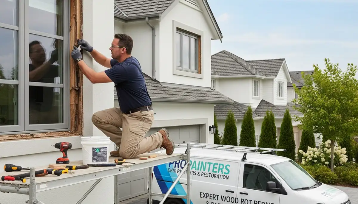 Contractor repairing exterior wood rot damage on a Kenosha, WI home before professional painting